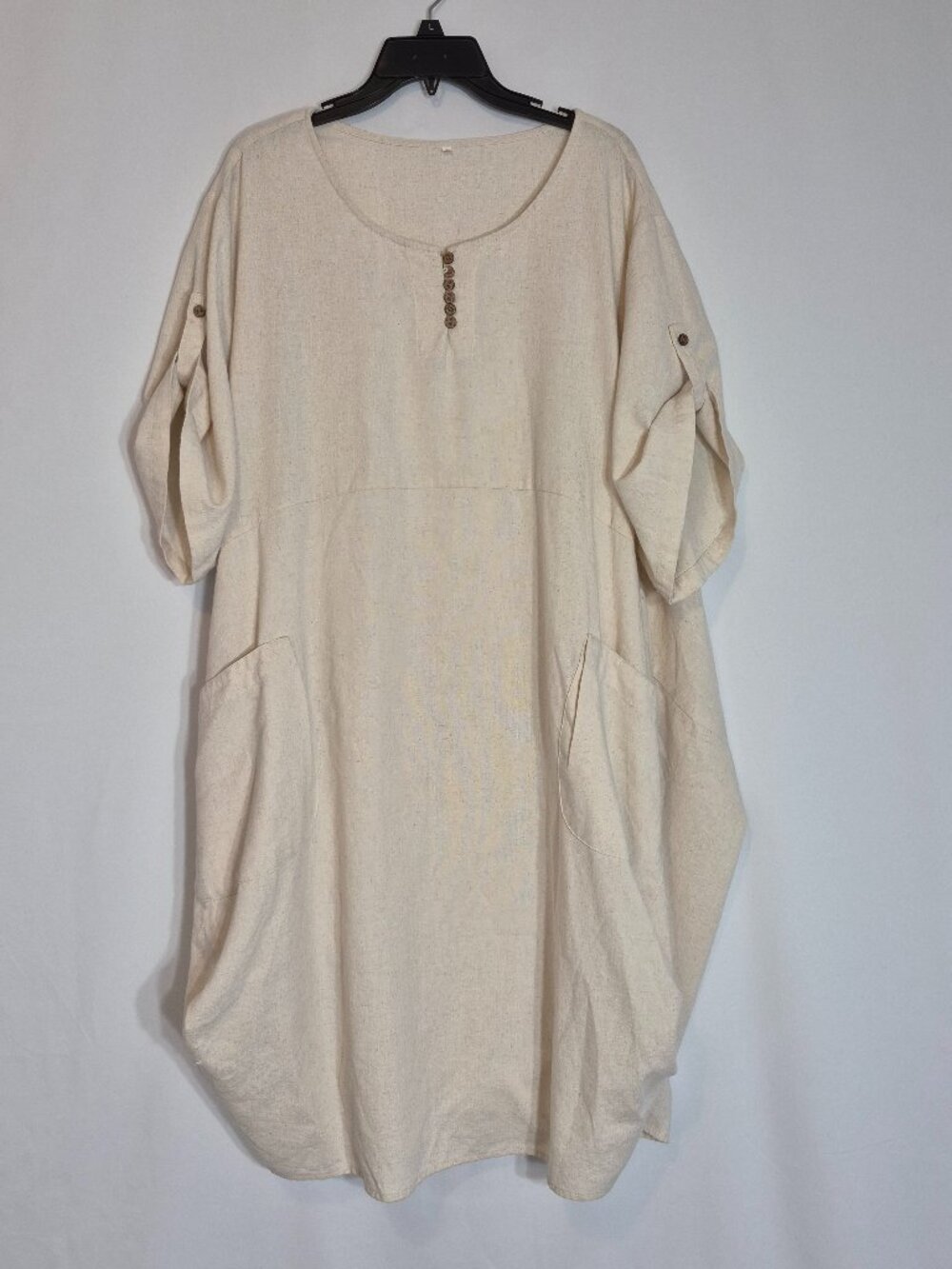 Natural Color Short Sleeve Linen Blend Short Dress; Size 3XL